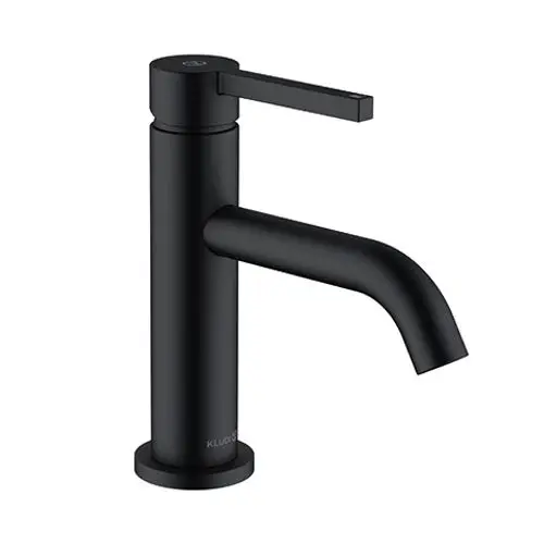 Schwarzer Waschtischarmatur-Hahn von Kludi mit einem geraden Auslauf und einem Hebel zur Temperatur- und Durchflussregulierung. Minimalistisches Design ohne sichtbare Verzierungen.